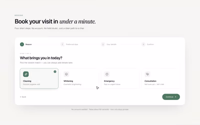Concept mockup of a clinic's step-by-step online booking flow, from reason for visit to confirmation