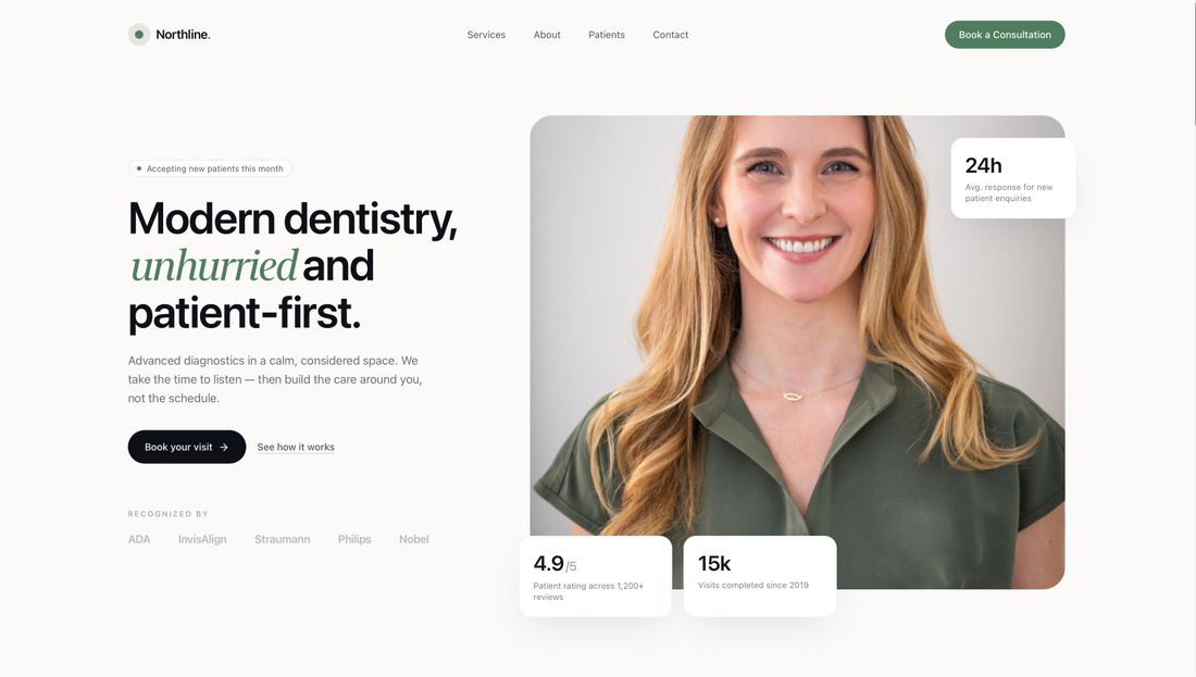 Northline, a concept dental clinic homepage with a calm hero, a single clear call to action and trust signals